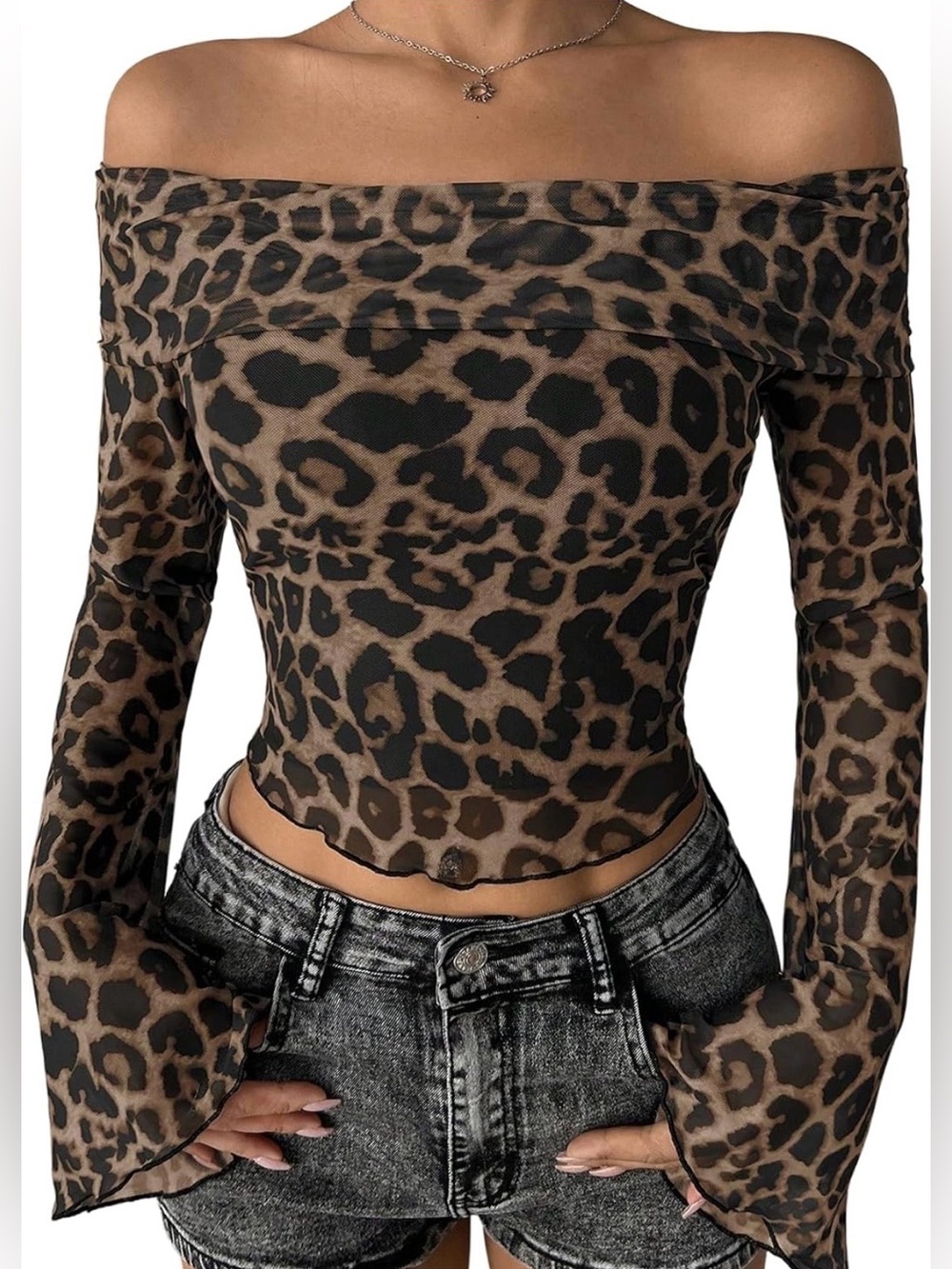 Off-Shoulder Leopard Print Mesh Crop Top